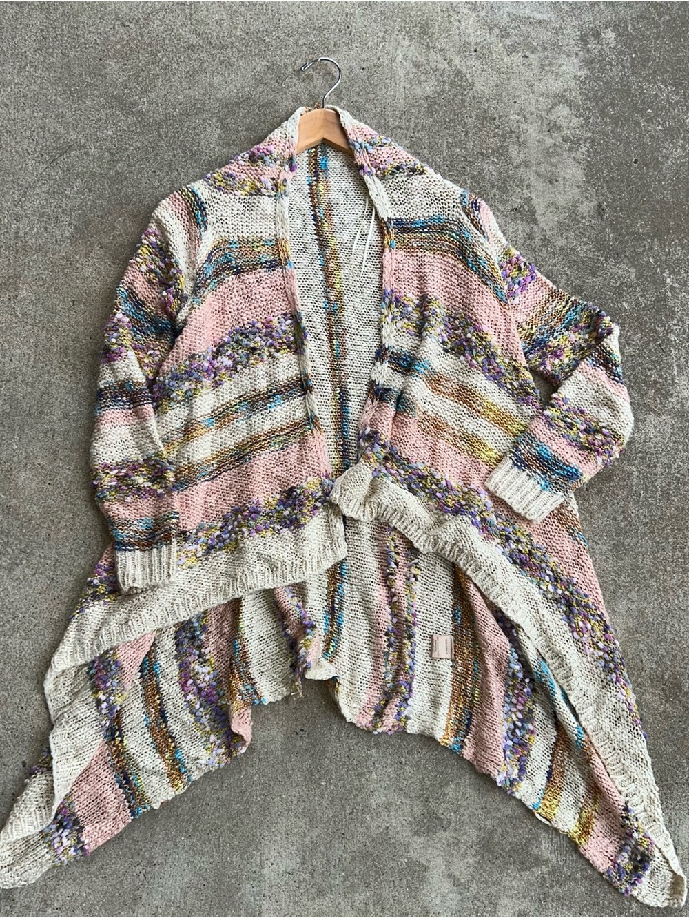 Mystree S/M Boho Waterfall Cardigan Multicolor Textured Knit Handkerchief Hem